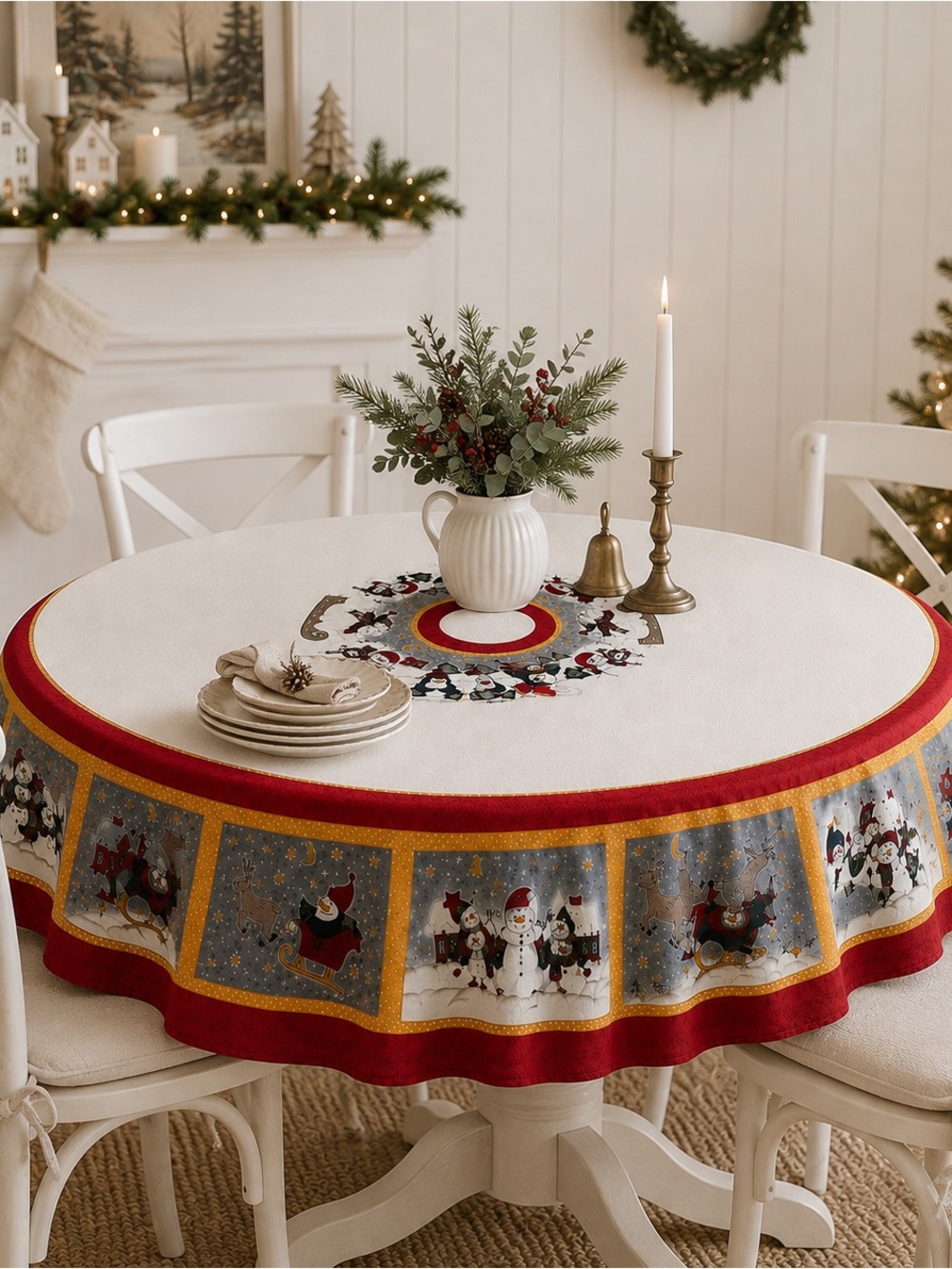 Vintage Round Christmas Tablecloth 64” Snowmen Penguins Winter Holiday